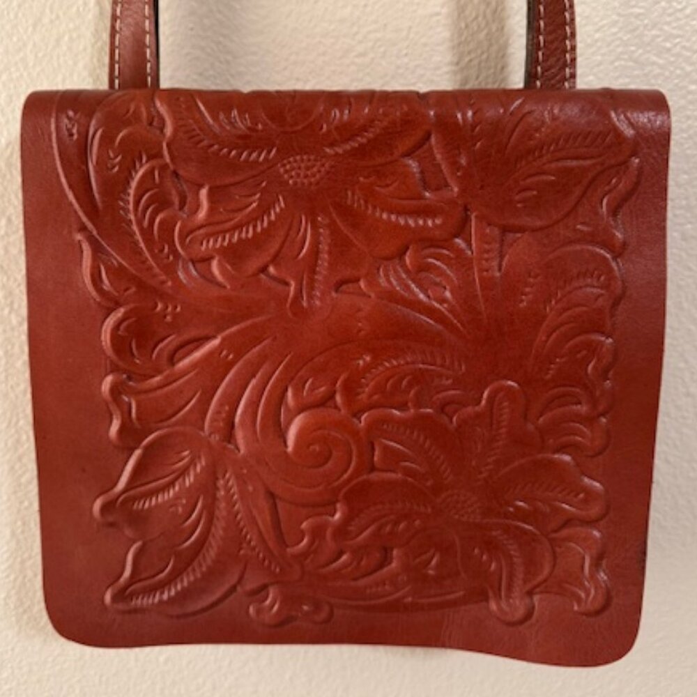 PATRICIA NASH Flap Leather "Florence" Crossbody Purse - Cognac Embossed Floral